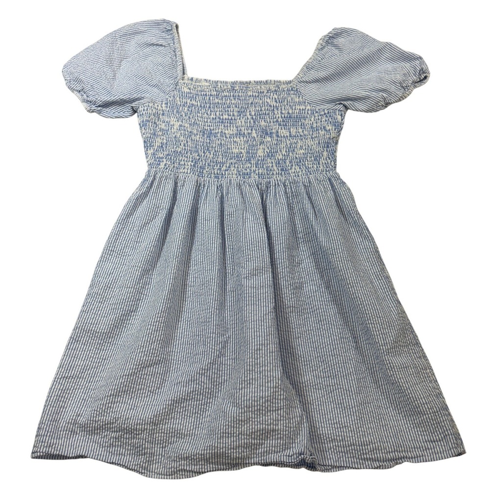 Sail to Sable Blue White Seersucker Smocked Mini Dress Square Neck Puff Sleeve M